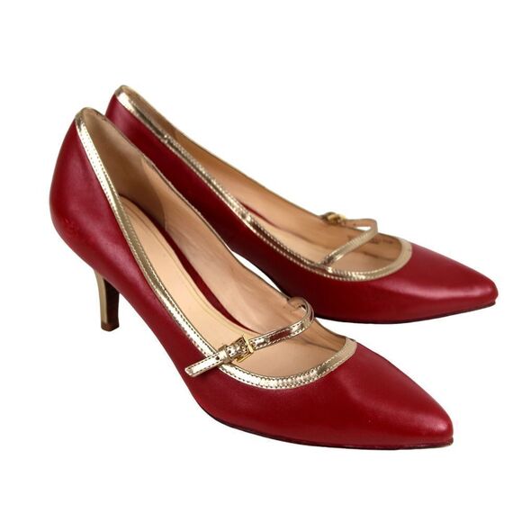 Cole Haan RED GENUINE LEATHER GOLD TRIM MID HEEL CLASSIC PUMP SHOES Sz 7.5 B - Picture 5 of 12